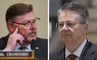 U.S. Rep. Rick Crawford (left), R-Ark., and then-candidate John Duarte, a Republican in California's 13th Congressional District, are shown in Washington in these file photos from April 2021 and November 2022, respectively. The two congressmen have introduced legislation to establish a governing body for developing risk and resilience requirements for water systems to protect networks from cybersecurity threats. (Left, Al Drago/Pool via AP; right, AP/J. Scott Applewhite)